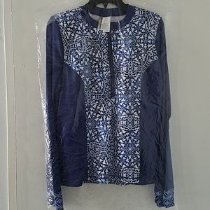 Navy & White Mosaic Tile Zip-Up Rashguard - Women